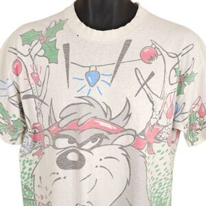 Vintage Taz Looney Tunes T Shirt Mens Size Large White 90s Christmas All Over